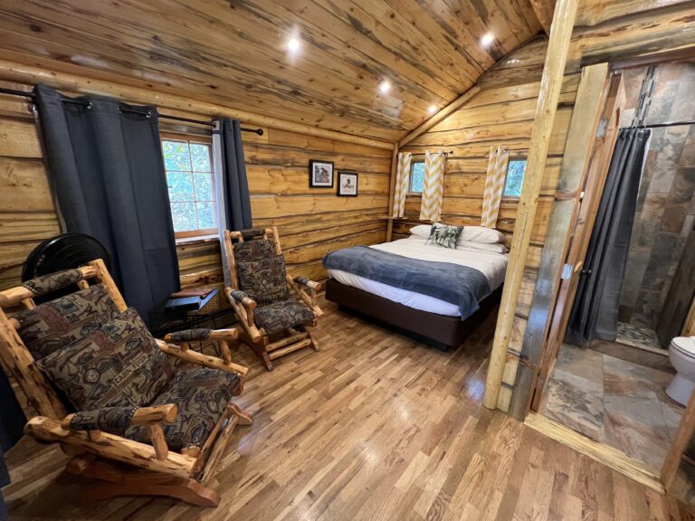 A newly-remodeled cabin featuring blue-pine walls, a queen bed, two cabin-style rockers, and a bathroom with shower.