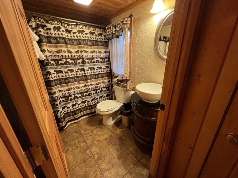 A bathroom complete with shower, toilet, and washstand-style sink.