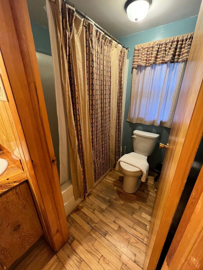 Narrow rustic bathroom with knotty pine trim, hardwood floors, teal walls, and a Southwestern-patterned shower curtain beside a toilet under a curtained window.