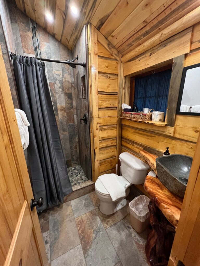 Rustic log cabin bathroom with a tiled walk-in shower, white toilet, and a stone vessel sink on a live-edge wood counter.