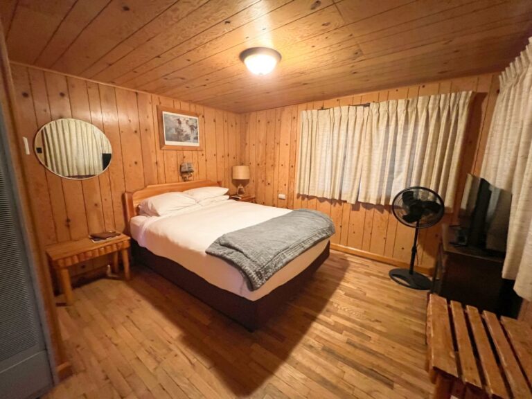 Rustic knotty-pine cabin bedroom with a queen bed, oval wall mirror, curtained window, standing fan, and hardwood floor.