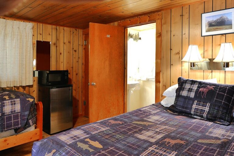 Rustic knotty-pine motel room with a queen bed in moose-print plaid bedding, mini fridge and microwave, and an open bathroom door.
